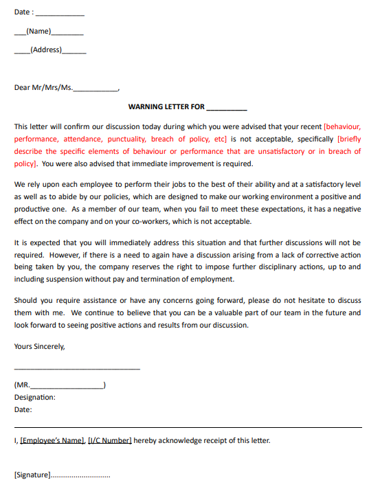 Warning Letter To Employee For Poor Performance from www.ajobthing.com